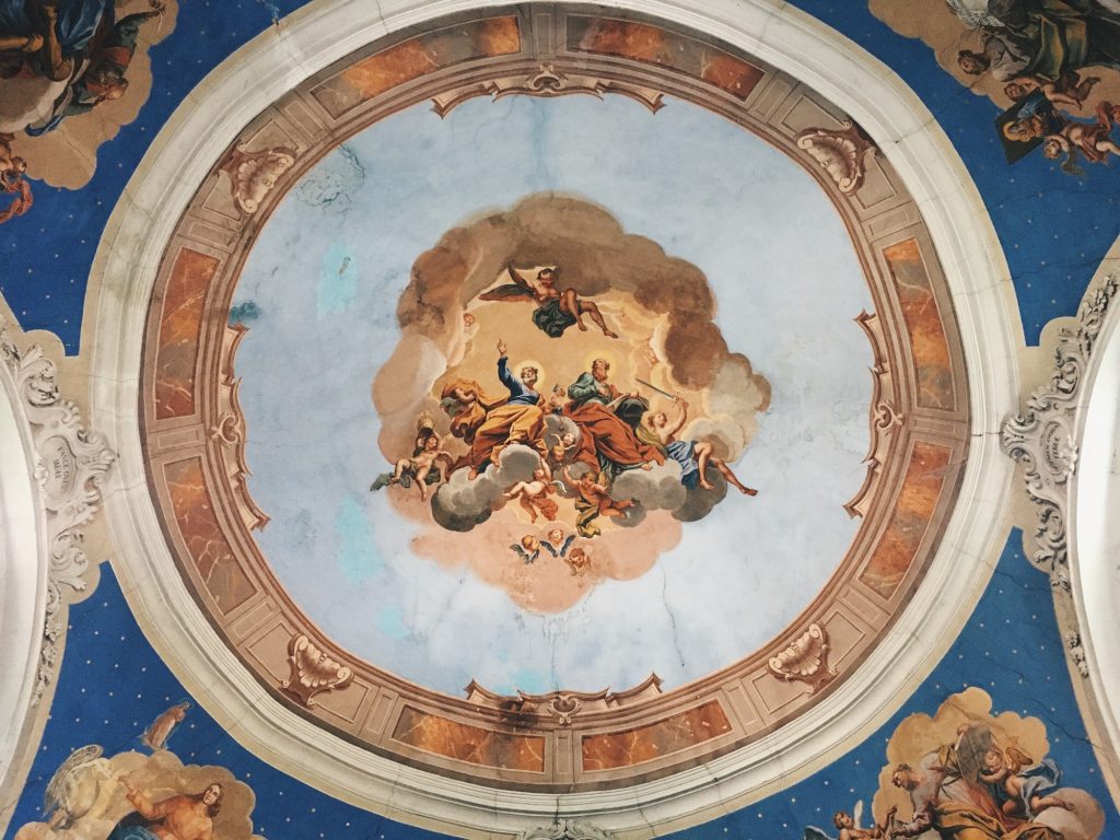 Italian art, painted ceiling of the church of the medieval village Sasso, Bordighera, Liguria, Italy