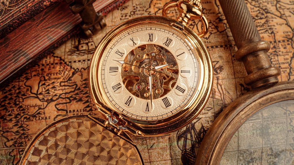 Vintage pocket watch. Vintage background Concept of time history.